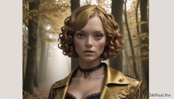 1girl,solo,breasts,looking at viewer,short hair,blonde hair,brown hair,cleavage,brown eyes,jewelry,medium breasts,closed mouth,underwear,collarbone,jacket,upper body,outdoors,parted lips,choker,bra,blurry,tree,lips,eyelashes,makeup,leaf,black choker,black bra,portrait,nature,forest,curly hair,realistic,nose,blush,signature