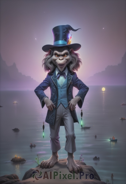 solo,looking at viewer,smile,shirt,long sleeves,1boy,hat,bow,animal ears,standing,jacket,full body,male focus,outdoors,sky,barefoot,pants,artist name,signature,bowtie,water,vest,orange eyes,black headwear,witch hat,night,glowing,ocean,watermark,formal,moon,suit,feathers,night sky,claws,furry,hands on hips,black bowtie,top hat,blue bowtie,furry male,watercraft,boat,yellow eyes,flower,grey hair,blue bow,fire,rock,candle,blue vest,grey pants,lake