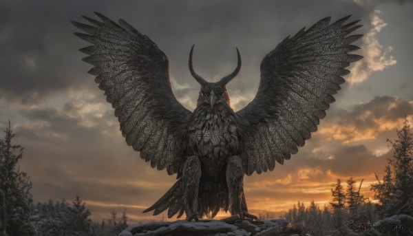 solo,looking at viewer,standing,outdoors,wings,horns,sky,cloud,tree,no humans,bird,cloudy sky,nature,scenery,feathered wings,forest,monster,mountain,fantasy,bare tree,spread wings,pine tree,glowing,glowing eyes,rock,talons