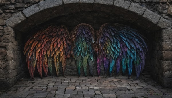 outdoors,wings,no humans,traditional media,scenery,fantasy,wall,brick wall,pillar,stained glass,arch,stone floor,stone wall,brick,brick floor,shadow,feathers,feathered wings,road,colorful,multicolored wings,pavement