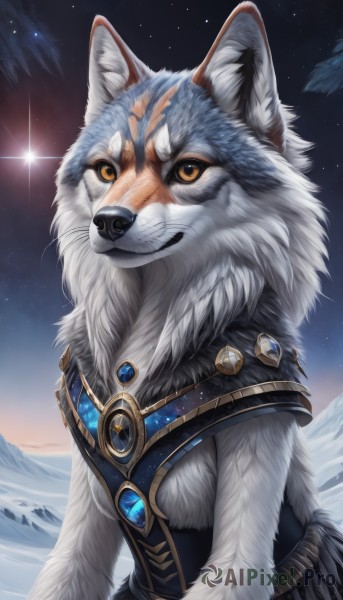 solo,looking at viewer,jewelry,yellow eyes,upper body,male focus,outdoors,sky,artist name,orange eyes,fur trim,no humans,night,animal,scar,gem,star (sky),night sky,scar on face,furry,snow,starry sky,colored sclera,mountain,white fur,wolf,smile,closed mouth,teeth,signature,watermark,realistic,scar across eye