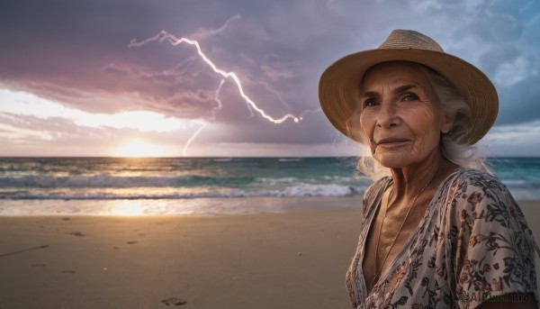 1girl,solo,looking at viewer,smile,blue eyes,shirt,hat,jewelry,closed mouth,upper body,white hair,short sleeves,grey hair,outdoors,sky,day,cloud,water,necklace,lips,ocean,beach,cloudy sky,sunset,cigarette,realistic,sand,smoking,old,shore,old woman,1boy,male focus,facial hair,sunlight,smoke,sun,horizon,old man,lightning