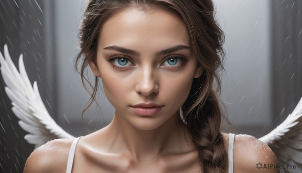 1girl,solo,long hair,looking at viewer,blue eyes,brown hair,bare shoulders,closed mouth,collarbone,braid,wings,artist name,blurry,lips,wet,eyelashes,single braid,blurry background,portrait,hair over shoulder,feathered wings,close-up,forehead,freckles,rain,angel wings,realistic,nose,white wings,angel