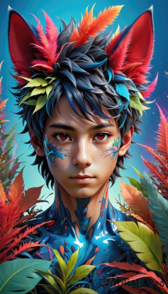 solo,looking at viewer,short hair,black hair,hair ornament,red eyes,1boy,animal ears,closed mouth,upper body,male focus,outdoors,sky,artist name,cat ears,blue sky,lips,leaf,blue background,facial mark,feathers,plant,portrait,realistic,nose,blue hair,glowing,star (sky),extra ears,feather hair ornament,facepaint,bodypaint,full-body tattoo