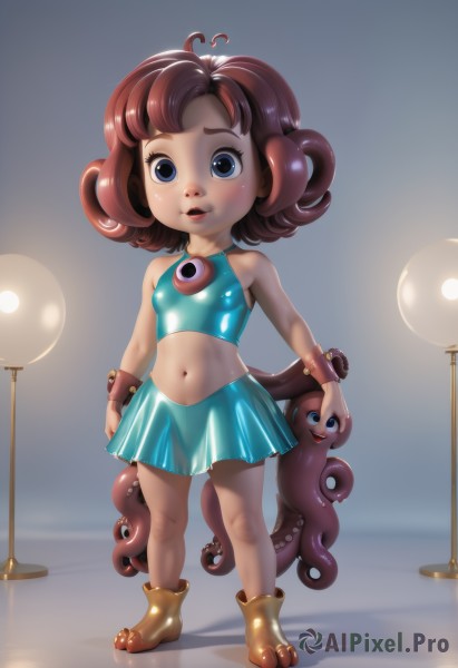 1girl,solo,breasts,looking at viewer,smile,short hair,blue eyes,skirt,brown hair,navel,bare shoulders,standing,full body,ahoge,heart,red hair,small breasts,boots,midriff,lips,blue skirt,loli,monster girl,child,tentacles,curly hair,tentacle hair,female child,octopus,blush,open mouth,shirt,jewelry,shoes,sleeveless,crop top