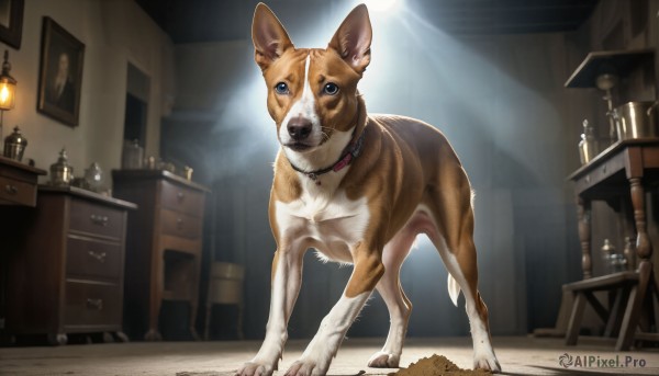 HQ,looking at viewer,blue eyes,indoors,collar,no humans,animal,table,dog,realistic,lamp,animal focus,picture frame,painting (object),shiba inu,standing,chair,animal collar