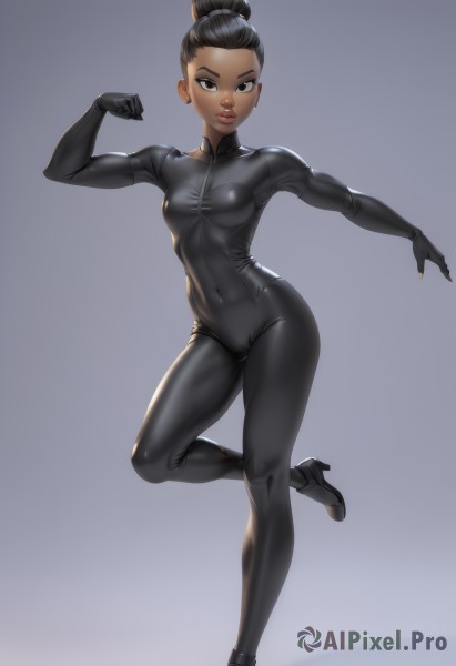 1girl,solo,breasts,looking at viewer,smile,short hair,simple background,black hair,standing,full body,small breasts,dark skin,grey background,hair bun,black eyes,high heels,covered nipples,dark-skinned female,lips,gradient,gradient background,bodysuit,covered navel,cameltoe,single hair bun,standing on one leg,outstretched arm,clenched hand,skin tight,black bodysuit,thighs,watermark,toned,undercut,latex,very dark skin