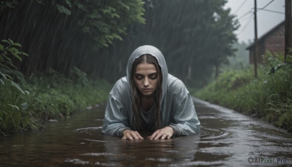 1girl,solo,long hair,smile,brown hair,shirt,black hair,long sleeves,closed mouth,jacket,closed eyes,outdoors,open clothes,hood,water,blurry,tree,wet,black shirt,hoodie,depth of field,blurry background,grass,plant,hooded jacket,facing viewer,hood up,partially submerged,reflection,rain,realistic,grey jacket,bush,house,ripples,power lines,puddle,looking at viewer,upper body,sky,day,open jacket,lips,makeup,white jacket,lipstick,building,wet clothes,eyeshadow,red lips,utility pole