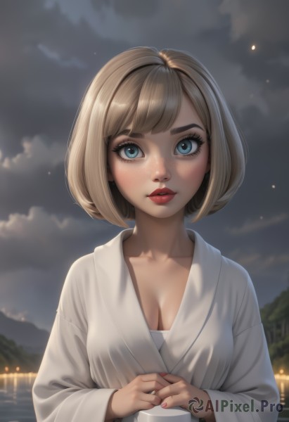 1girl,solo,breasts,looking at viewer,short hair,bangs,blue eyes,blonde hair,long sleeves,cleavage,medium breasts,collarbone,upper body,outdoors,parted lips,japanese clothes,sky,artist name,cloud,water,nail polish,blurry,lips,fingernails,eyelashes,makeup,night,blurry background,bob cut,thick eyebrows,cloudy sky,lipstick,red nails,freckles,sarashi,robe,nose,red lips,mascara,blush,brown hair,closed mouth,shiny,kimono,swept bangs,own hands together,night sky,pink nails,pink lips,eyeliner,lake