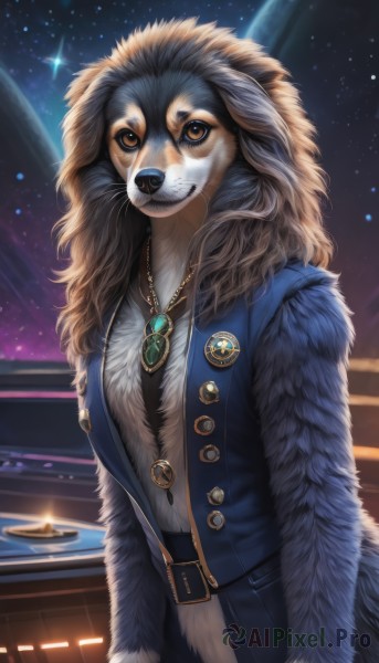 1girl,solo,long hair,breasts,looking at viewer,smile,brown hair,long sleeves,brown eyes,jewelry,closed mouth,standing,jacket,cowboy shot,outdoors,open clothes,sky,belt,artist name,signature,hood,necklace,vest,open jacket,coat,fur trim,night,buttons,blue jacket,brooch,gem,star (sky),night sky,furry,buckle,pendant,starry sky,dog,belt buckle,furry female,space,body fur,white fur,badge,fur,animal nose,blue coat,snout,brown fur,button badge,fluffy,shirt,upper body,pants,animal,planet,green gemstone