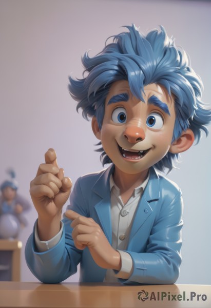 solo,looking at viewer,smile,short hair,open mouth,blue eyes,shirt,long sleeves,1boy,blue hair,jacket,white shirt,upper body,male focus,multiple boys,teeth,solo focus,collared shirt,blurry,blurry background,table,thick eyebrows,blue jacket,messy hair,child,male child,thumbs up,blush,bangs,simple background,:d,open clothes,shiny,artist name,hand up,signature,shiny hair,open jacket,hands up,dress shirt,buttons,depth of field,watermark,happy,spiked hair,humanization,reference inset