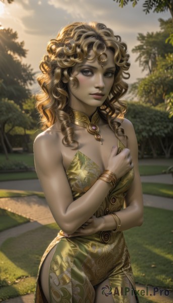 1girl,solo,long hair,breasts,looking at viewer,blonde hair,brown hair,dress,cleavage,bare shoulders,brown eyes,jewelry,medium breasts,standing,cowboy shot,outdoors,artist name,dark skin,necklace,bracelet,dark-skinned female,tree,lips,watermark,drill hair,side slit,curly hair,green dress,realistic,nose,neck ring,ringlets,blush,parted lips,nail polish,strapless,strapless dress,circlet,forehead jewel