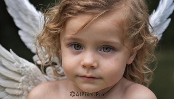 1girl,solo,looking at viewer,short hair,blonde hair,simple background,brown hair,bare shoulders,brown eyes,closed mouth,wings,blurry,lips,depth of field,wavy hair,head wings,messy hair,portrait,feathered wings,close-up,angel wings,realistic,white wings,angel,freckles