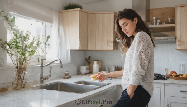 1girl,solo,long hair,brown hair,shirt,long sleeves,holding,closed mouth,standing,closed eyes,white shirt,cowboy shot,food,day,pants,indoors,from side,cup,lips,window,fruit,wavy hair,sunlight,bottle,knife,plant,denim,curtains,plate,hand in pocket,jeans,realistic,tiles,potted plant,slippers,bathroom,cooking,tile wall,kitchen,sink,faucet,cabinet,stove,sponge,kitchen knife,cutting board,sweater