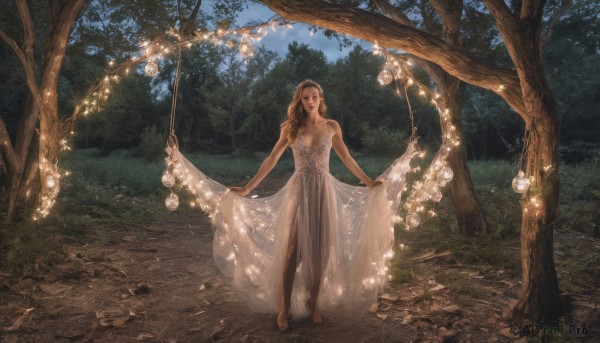 1girl,solo,long hair,breasts,brown hair,dress,cleavage,bare shoulders,jewelry,medium breasts,standing,earrings,outdoors,barefoot,white dress,tree,lips,see-through,strapless,nature,scenery,strapless dress,forest,realistic,skirt hold,see-through silhouette,flower,grass,curly hair