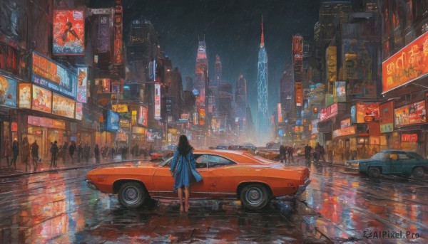 1girl,long hair,black hair,standing,jacket,outdoors,multiple boys,sky,solo focus,from behind,coat,night,ground vehicle,building,star (sky),night sky,scenery,motor vehicle,starry sky,reflection,rain,6+boys,city,sign,facing away,car,road,cityscape,vehicle focus,lamppost,street,blue coat,skyscraper,puddle,city lights,reflective floor,sports car,people,dress,high heels,blue dress,walking,wide shot,crowd,cyberpunk,neon lights,crosswalk,real world location