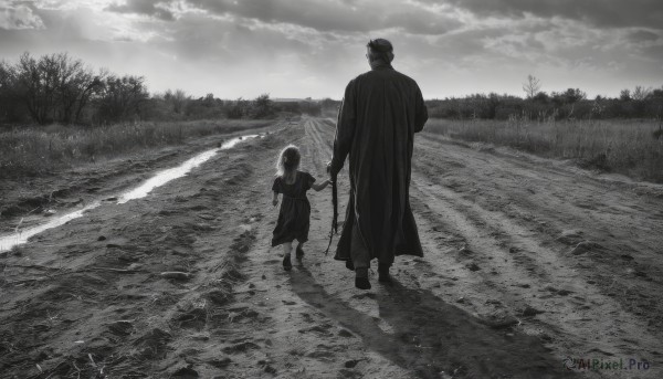 1girl,long hair,short hair,skirt,long sleeves,1boy,holding,standing,monochrome,weapon,short sleeves,greyscale,outdoors,sky,cloud,water,from behind,tree,gun,holding hands,cloudy sky,grass,aged down,child,nature,scenery,walking,facing away,father and daughter,footprints,dress,hetero,ocean,beach,couple,forest,horizon