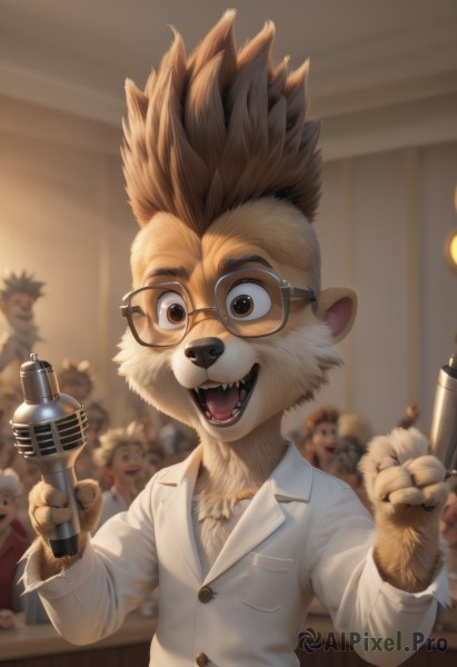 solo,looking at viewer,smile,open mouth,brown hair,shirt,1boy,holding,animal ears,brown eyes,white shirt,upper body,male focus,multiple boys,glasses,teeth,solo focus,indoors,blurry,blurry background,fangs,spiked hair,microphone,furry,6+boys,round eyewear,labcoat,furry male,male child,body fur,holding microphone,animal nose,brown fur,long sleeves,jacket,buttons,formal