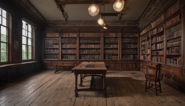 day,indoors,book,no humans,window,chair,table,sunlight,scenery,desk,wooden floor,bookshelf,lamp,stool,shelf,book stack,library,ceiling,ladder,ceiling light,chandelier,wooden chair,reflective floor