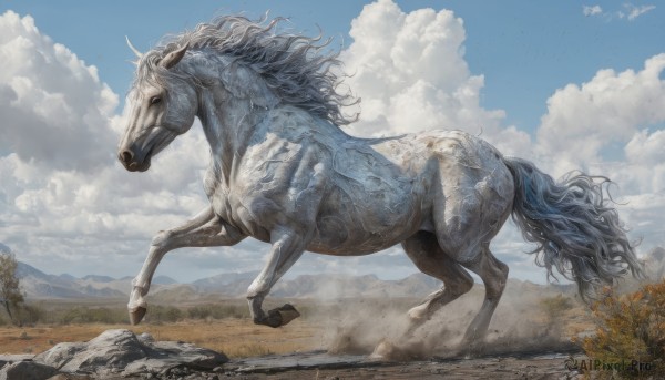 solo,outdoors,horns,sky,day,cloud,signature,from side,tree,blue sky,no humans,bird,animal,cloudy sky,grass,scenery,rock,mountain,realistic,horse,nature