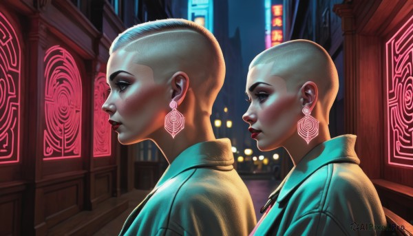 1girl,short hair,shirt,1boy,jewelry,upper body,earrings,outdoors,from side,profile,makeup,night,glowing,lipstick,building,dual persona,city,red lips,bald,very short hair,city lights,cyberpunk,neon lights,jacket,parted lips,necklace,lips,tattoo,portrait,eyeshadow,freckles,science fiction,realistic,light,mohawk