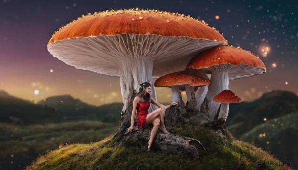 1girl,solo,long hair,breasts,black hair,dress,bare shoulders,sitting,outdoors,sky,barefoot,sleeveless,pointy ears,blurry,tree,bare legs,night,sleeveless dress,depth of field,blurry background,red dress,crossed legs,grass,star (sky),nature,scenery,rock,mushroom,high heels,from side,bare arms,profile,chinese clothes,china dress,sunset,mountain,wide shot