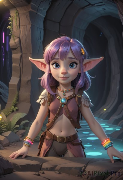 1girl,solo,long hair,breasts,looking at viewer,smile,bangs,blue eyes,hair ornament,navel,jewelry,standing,purple hair,ahoge,cowboy shot,small breasts,parted lips,pointy ears,hairclip,midriff,belt,pants,water,necklace,bag,flat chest,bracelet,lips,thigh gap,backpack,plant,pendant,freckles,cave,pink hair,outdoors,medium hair,elf,child,nature,wading,pouch,mushroom