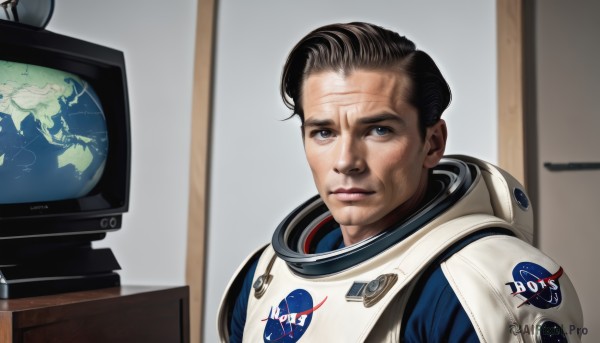 solo,looking at viewer,short hair,blue eyes,brown hair,black hair,1boy,closed mouth,upper body,male focus,indoors,signature,lips,science fiction,meme,realistic,television,monitor,spacesuit,astronaut,helmet,space,planet,game console,earth (planet),brand name imitation,product placement