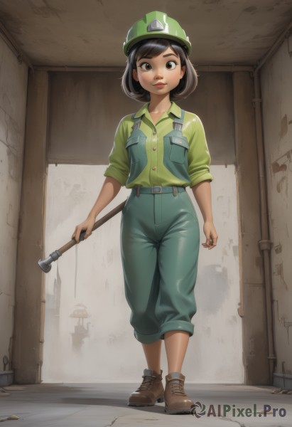 1girl,solo,looking at viewer,short hair,bangs,brown hair,shirt,black hair,hat,holding,brown eyes,closed mouth,standing,full body,boots,shoes,collared shirt,belt,pants,indoors,lips,buttons,brown footwear,sleeves rolled up,pocket,green headwear,green shirt,overalls,breast pocket,green pants,industrial pipe,black eyes,cosplay,ankle boots