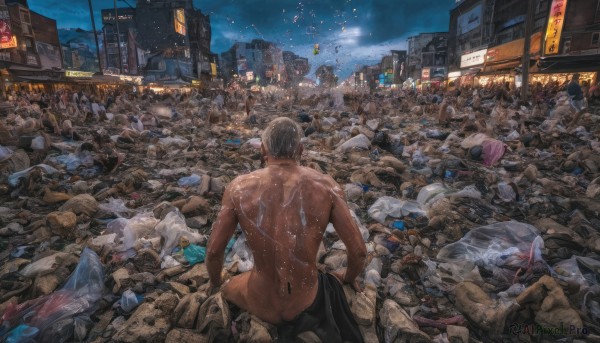 solo,short hair,1boy,sitting,ass,male focus,nude,outdoors,sky,cloud,from behind,completely nude,muscular,night,bird,back,undressing,muscular male,ground vehicle,building,scenery,motor vehicle,science fiction,city,realistic,facing away,car,cityscape,turtle,destruction,1girl,white hair,wet,topless,night sky,toned,butt crack,road,street,crowd,city lights,debris,cyberpunk