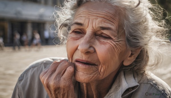 solo,open mouth,shirt,1boy,jacket,closed eyes,upper body,white hair,male focus,outdoors,parted lips,solo focus,day,blurry,lips,depth of field,blurry background,portrait,realistic,old,old man,old woman,wrinkled skin,1girl,short hair,grey hair,hand up,facial hair,scar,denim,messy hair,scar on face,hand on own chin,stitches,denim jacket