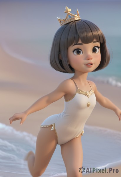 1girl,solo,breasts,looking at viewer,smile,short hair,bangs,brown hair,black hair,bare shoulders,brown eyes,standing,swimsuit,small breasts,outdoors,parted lips,sky,barefoot,teeth,day,blunt bangs,water,blurry,flat chest,lips,one-piece swimsuit,bare arms,covered navel,blurry background,ocean,beach,bob cut,standing on one leg,outstretched arms,crown,child,sand,white one-piece swimsuit,horizon,female child,casual one-piece swimsuit,artist name,running