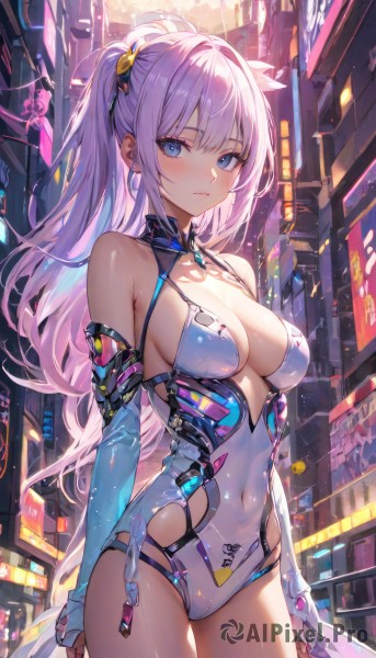 1girl,solo,long hair,breasts,looking at viewer,blush,bangs,blue eyes,large breasts,hair ornament,thighhighs,gloves,long sleeves,cleavage,bare shoulders,jewelry,medium breasts,closed mouth,standing,collarbone,ponytail,pink hair,purple hair,sidelocks,thighs,cowboy shot,earrings,outdoors,detached sleeves,white thighhighs,leotard,clothing cutout,covered navel,one side up,expressionless,building,revealing clothes,skin tight,light purple hair,highleg leotard,white leotard,blue leotard,elbow gloves,shiny,lips,shiny skin,skindentation,night,cameltoe,city,cityscape,cyberpunk,neon lights