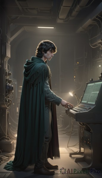 solo,short hair,bangs,black hair,long sleeves,1boy,holding,closed mouth,standing,full body,male focus,boots,pants,indoors,hood,cape,black eyes,from side,profile,chair,brown footwear,hood down,instrument,cloak,science fiction,robe,light,lamp,cable,computer,grey pants,monitor,hooded cloak,laptop,green cape,wire,1girl,jewelry,earrings,ring,denim