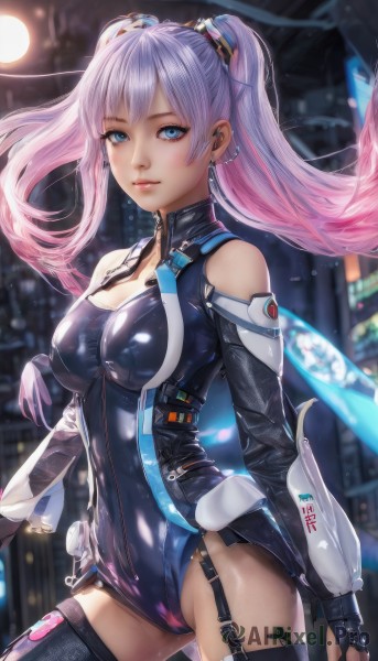 1girl,solo,long hair,breasts,looking at viewer,bangs,blue eyes,large breasts,hair ornament,thighhighs,gloves,cleavage,bare shoulders,twintails,jewelry,medium breasts,standing,pink hair,multicolored hair,cowboy shot,earrings,outdoors,parted lips,black gloves,shiny,artist name,black thighhighs,fingerless gloves,nail polish,blurry,leotard,lips,shiny skin,clothing cutout,bodysuit,night,floating hair,blurry background,garter straps,piercing,ear piercing,black leotard,skin tight,zipper,science fiction,shiny clothes,city,blue leotard,shoulder cutout,purple hair,two-tone hair,light purple hair,earphones