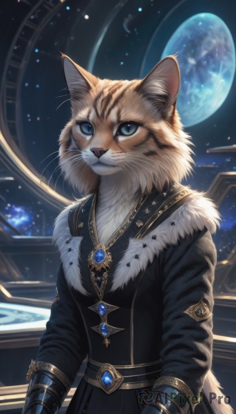 1girl,solo,looking at viewer,blue eyes,long sleeves,animal ears,jewelry,closed mouth,tail,upper body,sky,belt,artist name,signature,necklace,black jacket,fur trim,no humans,night,animal,moon,cat,slit pupils,brooch,gem,star (sky),night sky,furry,full moon,pendant,starry sky,fur collar,furry female,body fur,animal focus,white fur,planet,whiskers,fluffy,jacket,cat ears,cat tail,animal ear fluff,cat girl,gold trim