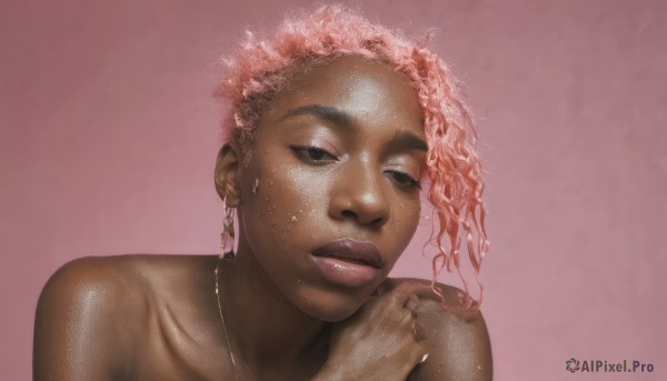 1girl,solo,looking at viewer,short hair,simple background,jewelry,pink hair,nude,earrings,parted lips,shiny,dark skin,necklace,black eyes,dark-skinned female,lips,wet,head tilt,makeup,pink background,ring,portrait,freckles,realistic,wet hair,very dark skin,brown eyes,collarbone,upper body,shiny skin,curly hair,very short hair