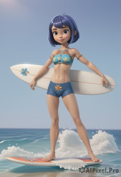 1girl,solo,breasts,looking at viewer,smile,short hair,bangs,black hair,navel,holding,bare shoulders,brown eyes,jewelry,closed mouth,blue hair,standing,swimsuit,full body,bikini,earrings,small breasts,outdoors,sky,shorts,barefoot,day,midriff,shiny,artist name,cloud,dark skin,blunt bangs,water,stomach,nail polish,black eyes,dark-skinned female,blue sky,lips,short shorts,cameltoe,ocean,beach,floral print,bob cut,tan,armband,blue bikini,armlet,blue shorts,toenails,toned,sand,waves,tankini,surfboard,bikini shorts,behind back