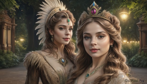 long hair,looking at viewer,smile,multiple girls,brown hair,hair ornament,dress,2girls,brown eyes,jewelry,closed mouth,upper body,earrings,outdoors,parted lips,necklace,tree,lips,night,siblings,wavy hair,tiara,feathers,crown,sisters,gem,pendant,curly hair,twins,lantern,realistic,headdress,bush,feather hair ornament,blue eyes,grey eyes,makeup,lipstick,portrait,red lips