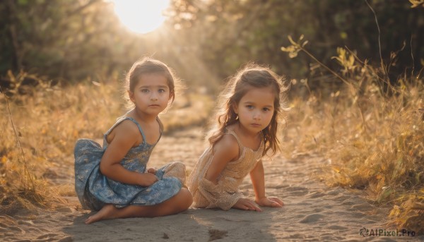 1girl,long hair,looking at viewer,short hair,blue eyes,multiple girls,brown hair,1boy,hat,dress,2girls,bare shoulders,brown eyes,jewelry,sitting,closed mouth,flower,earrings,outdoors,barefoot,sleeveless,day,white dress,blurry,dark-skinned female,tree,bare arms,sleeveless dress,depth of field,blurry background,blue dress,arm support,sunlight,child,realistic,straw hat,female child,sundress,on ground,dark skin,lips,leaf,indian style,male child,very short hair