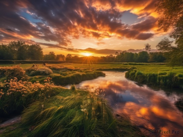 A charming sunset outdoors featuring a landscape