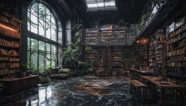 day,indoors,water,tree,book,no humans,window,chair,table,sunlight,plant,scenery,reflection,light rays,bookshelf,potted plant,ruins,vines,shelf,book stack,library,ladder,moss,overgrown,wooden floor