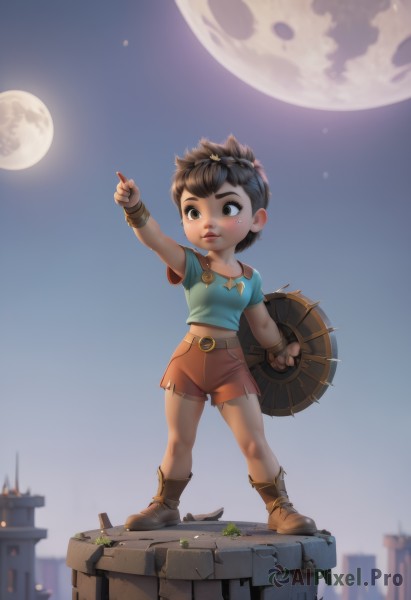 1girl,solo,short hair,brown hair,shirt,black hair,1boy,navel,brown eyes,full body,weapon,male focus,boots,sky,shorts,sword,night,moon,pointing,child,full moon,shield,female child,male child,castle,jewelry,standing,tears,black eyes,lips,torn clothes,night sky,bandaid,realistic,nose,bandaid on face