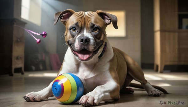 HQ,open mouth,brown eyes,teeth,tongue,indoors,tongue out,blurry,collar,no humans,animal,ball,dog,realistic,door,animal focus,horror (theme),solo,looking at viewer,standing,full body,window,sunlight,claws,animal collar,playing