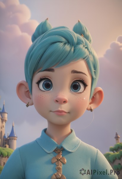 1girl,solo,looking at viewer,smile,short hair,bangs,blue eyes,shirt,jewelry,closed mouth,blue hair,upper body,earrings,outdoors,sky,day,collared shirt,artist name,cloud,hair bun,lips,eyelashes,aqua hair,buttons,swept bangs,piercing,cloudy sky,blue shirt,building,freckles,nose,castle,portrait