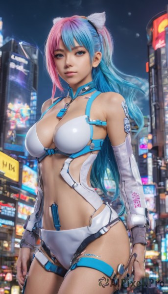 1girl,solo,long hair,breasts,looking at viewer,bangs,blue eyes,large breasts,navel,animal ears,cleavage,bare shoulders,medium breasts,blue hair,standing,pink hair,multicolored hair,cowboy shot,outdoors,detached sleeves,sky,blurry,two-tone hair,leotard,lips,gradient hair,thigh strap,night,fake animal ears,building,revealing clothes,science fiction,city,realistic,white leotard,city lights,cyberpunk,holding,closed mouth,swimsuit,ponytail,bikini,white bikini,night sky