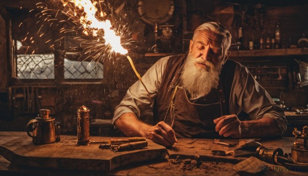 solo,shirt,long sleeves,1boy,sitting,closed eyes,white shirt,upper body,weapon,white hair,male focus,indoors,armor,apron,cup,gun,window,facial hair,chair,table,bottle,beard,alcohol,sleeves rolled up,paper,realistic,mustache,clock,old,hammer,old man,map,bar (place),wooden table,holding,closed mouth,grey hair,night,scar,facing viewer,scar on face,fireworks