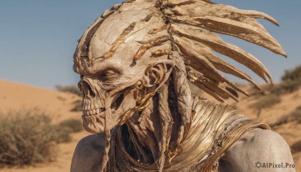 solo,1boy,jewelry,upper body,male focus,outdoors,sky,day,blurry,blue sky,no humans,blurry background,feathers,portrait,1other,skull,sand,skeleton,alien,desert,closed eyes,earrings,teeth,tree,mask,realistic,gold,bone