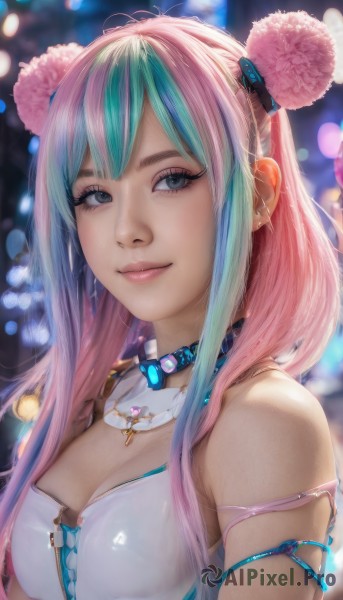 1girl,solo,long hair,breasts,looking at viewer,smile,bangs,hair ornament,cleavage,bare shoulders,jewelry,medium breasts,closed mouth,blue hair,upper body,pink hair,multicolored hair,green hair,choker,necklace,blurry,two-tone hair,lips,grey eyes,eyelashes,double bun,aqua hair,makeup,blurry background,realistic,nose,blue eyes,bra,collar,depth of field,piercing,bokeh,mascara