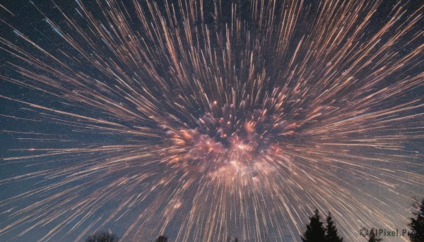 outdoors,sky,tree,no humans,night,star (sky),nature,night sky,scenery,forest,starry sky,fireworks,aerial fireworks,shooting star